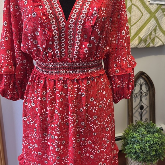 Max Studio Red Sundress with Ruffled Tiered Skirt and 3/4 Bishop Sleeves size S - Picture 7 of 12